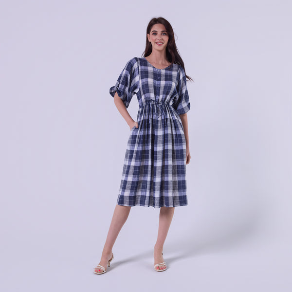 AM022178 CLASSIC GINGHAM 100%LINEN DRESS