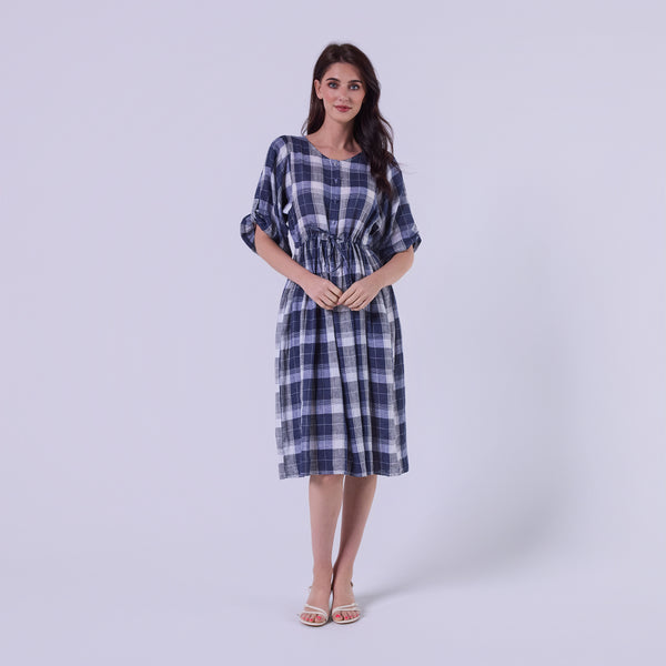 AM022178 CLASSIC GINGHAM 100%LINEN DRESS