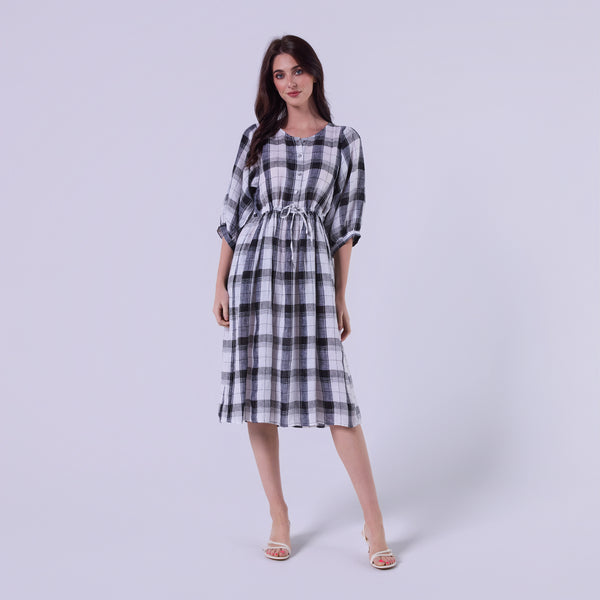 AM022178 CLASSIC GINGHAM 100%LINEN DRESS