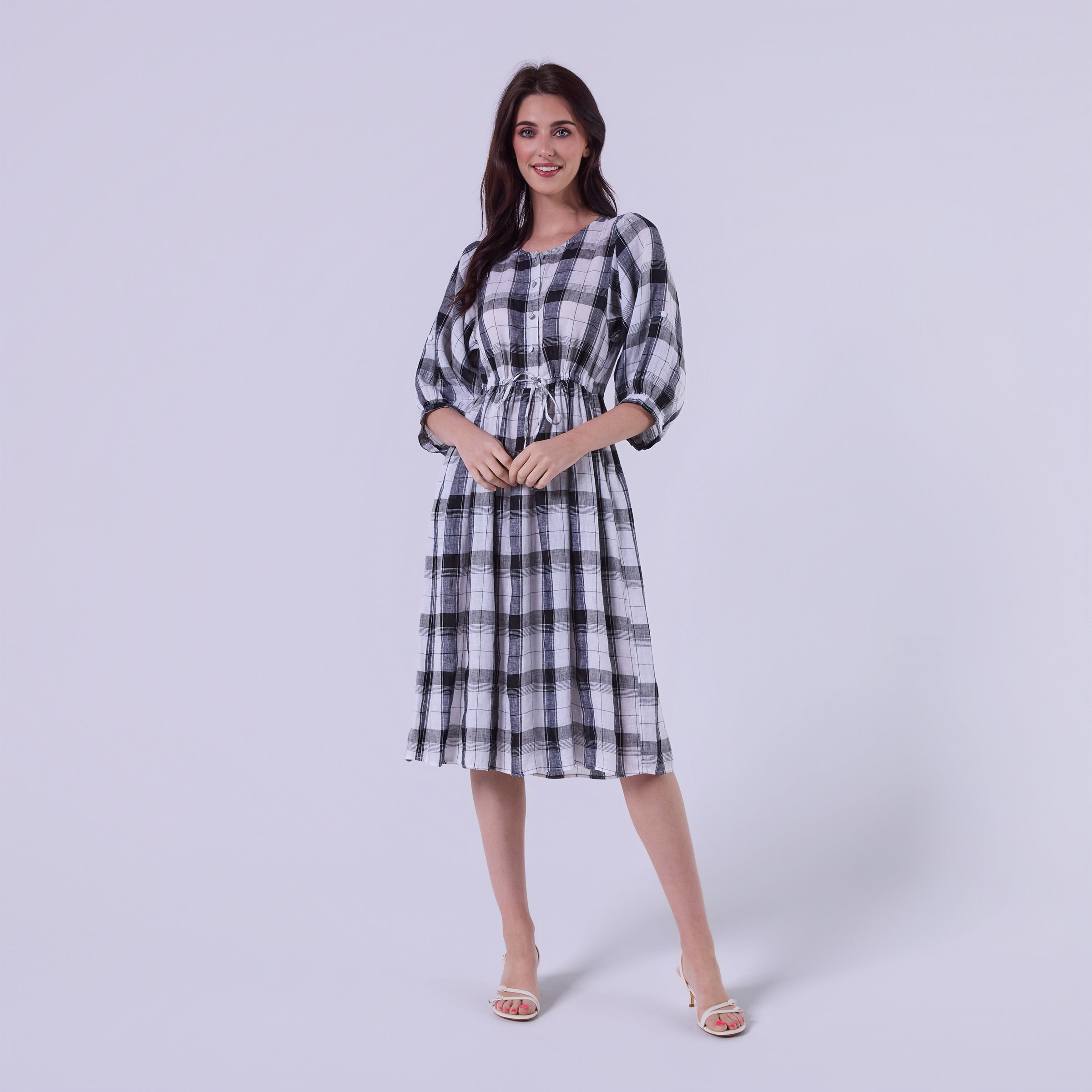 AM022178 CLASSIC GINGHAM 100%LINEN DRESS