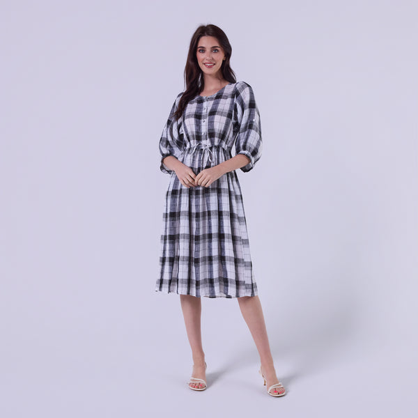 AM022178 CLASSIC GINGHAM 100%LINEN DRESS