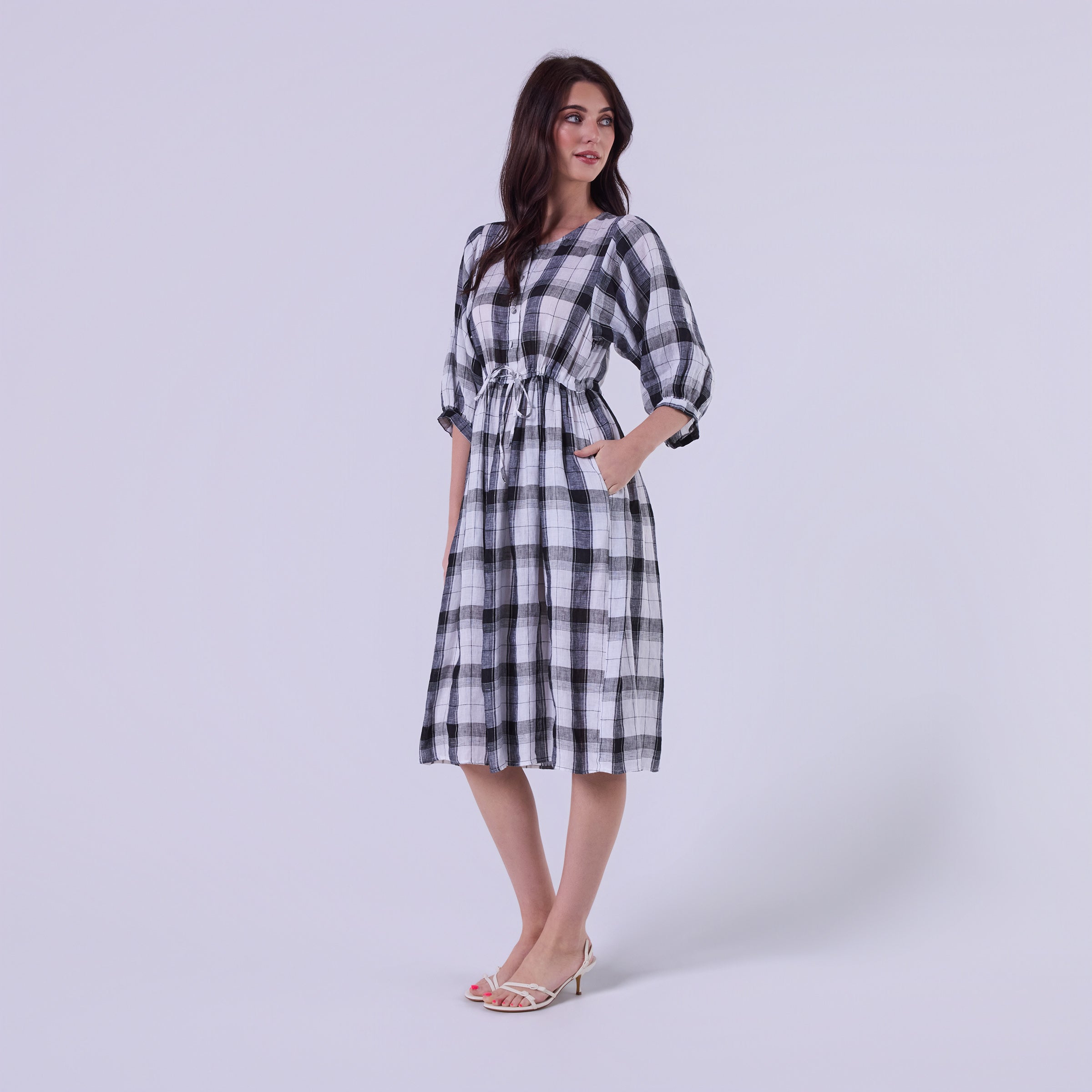 AM022178 CLASSIC GINGHAM 100%LINEN DRESS