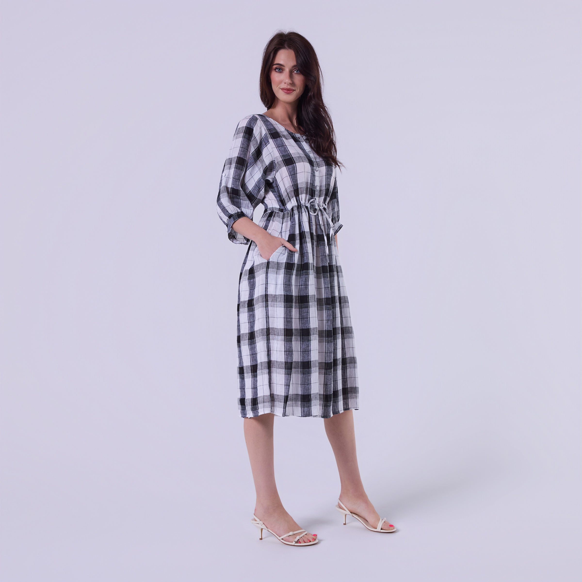 AM022178 CLASSIC GINGHAM 100%LINEN DRESS