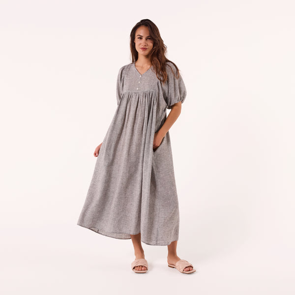 AM0221-1 GINGHAM 100%LINEN DRESS