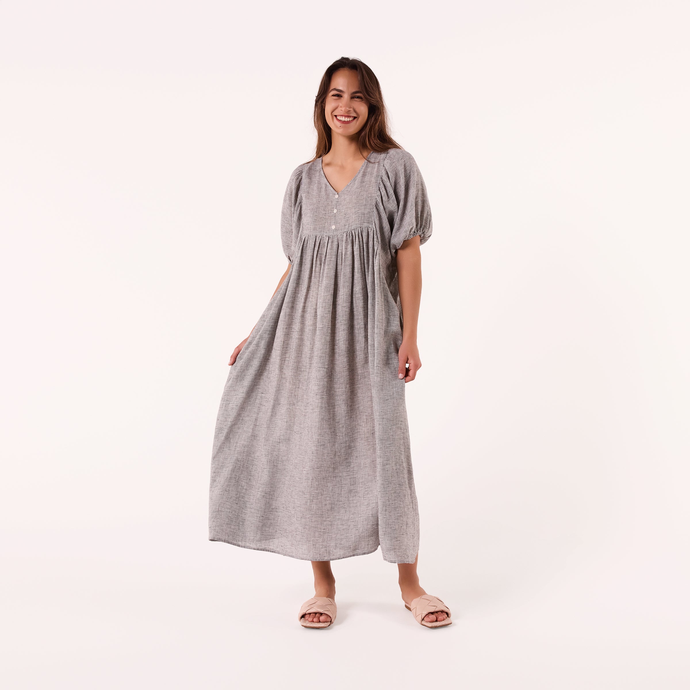 AM0221-1 GINGHAM 100%LINEN DRESS
