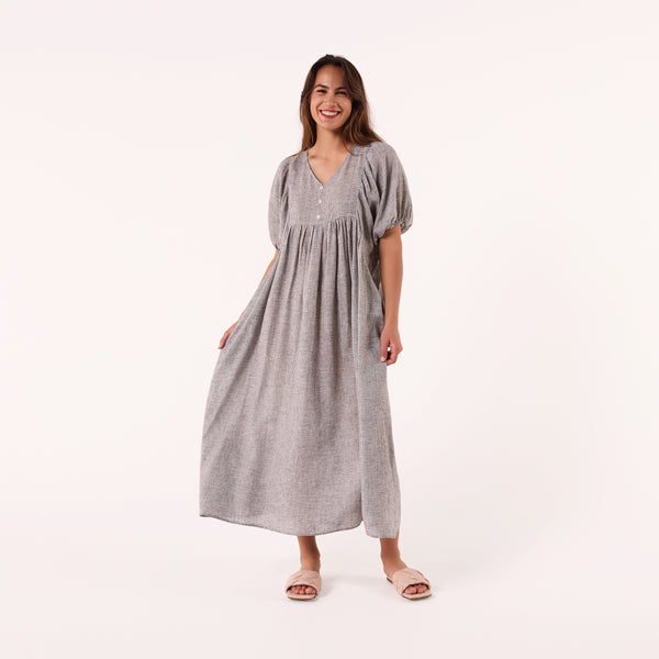 AM0221-1 GINGHAM 100%LINEN DRESS