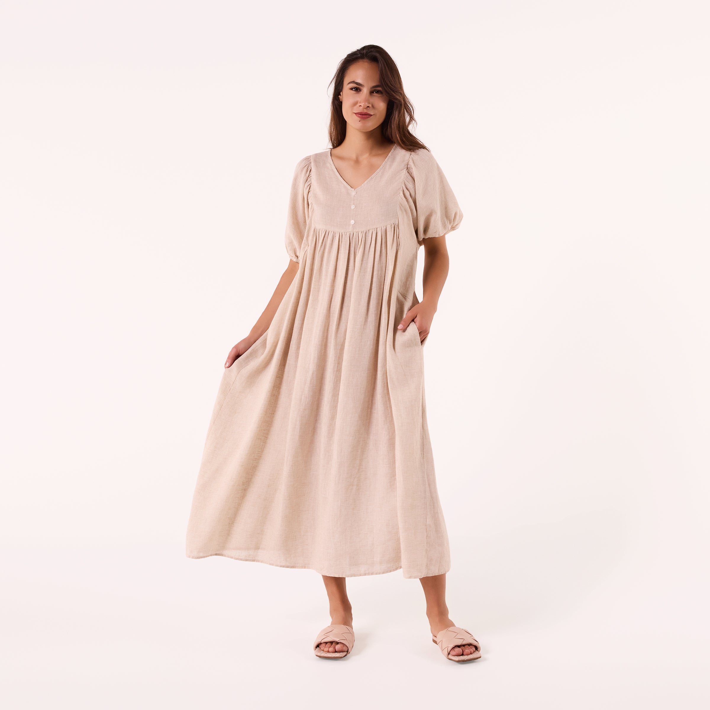 AM0221-1 GINGHAM 100%LINEN DRESS