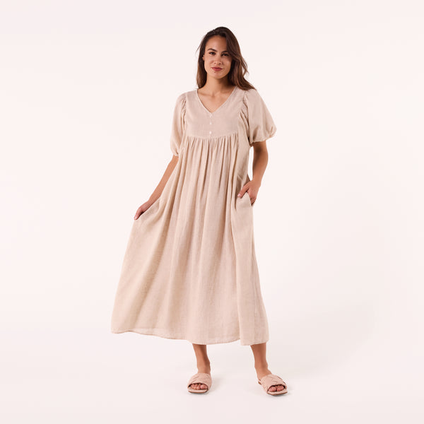 AM0221-1 GINGHAM 100%LINEN DRESS