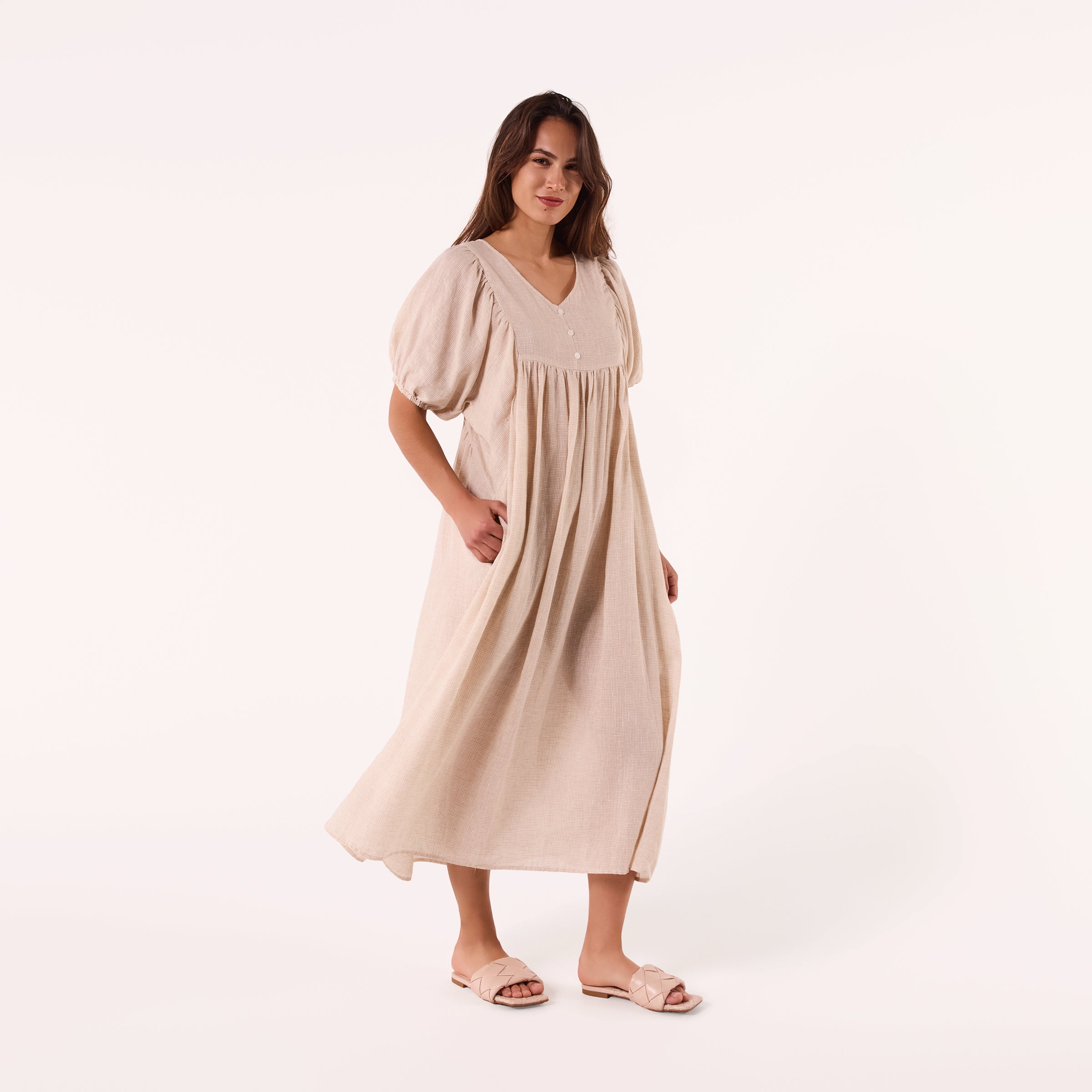 AM0221-1 GINGHAM 100%LINEN DRESS