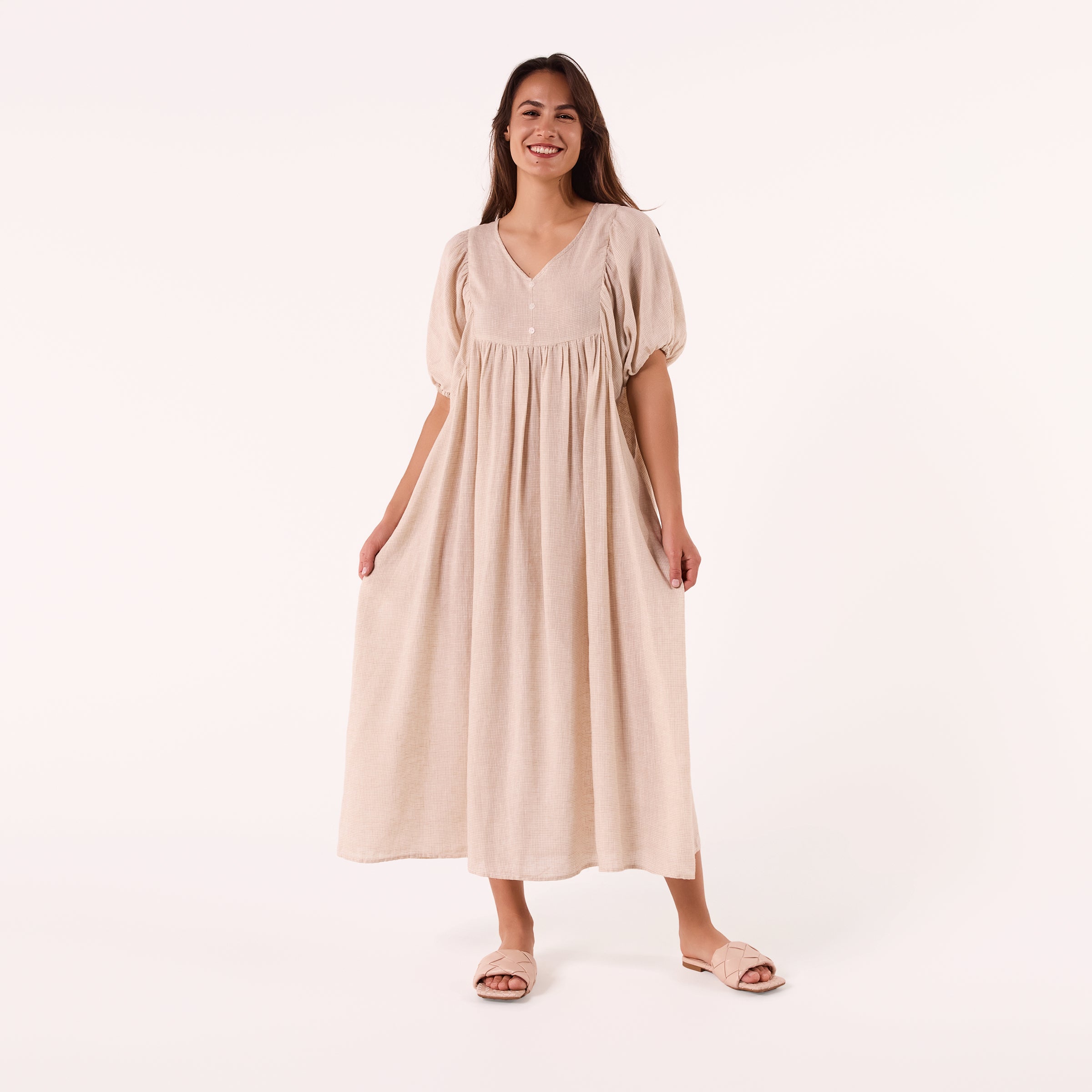 AM0221-1 GINGHAM 100%LINEN DRESS