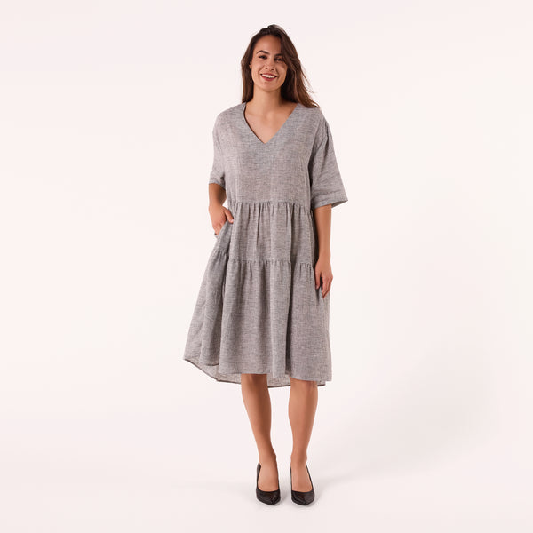 AM01128-2 V NECK GINGHAM 100%LINEN DRESS