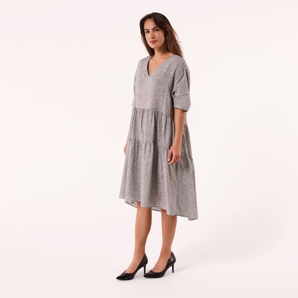 AM01128-2 V NECK GINGHAM 100%LINEN DRESS