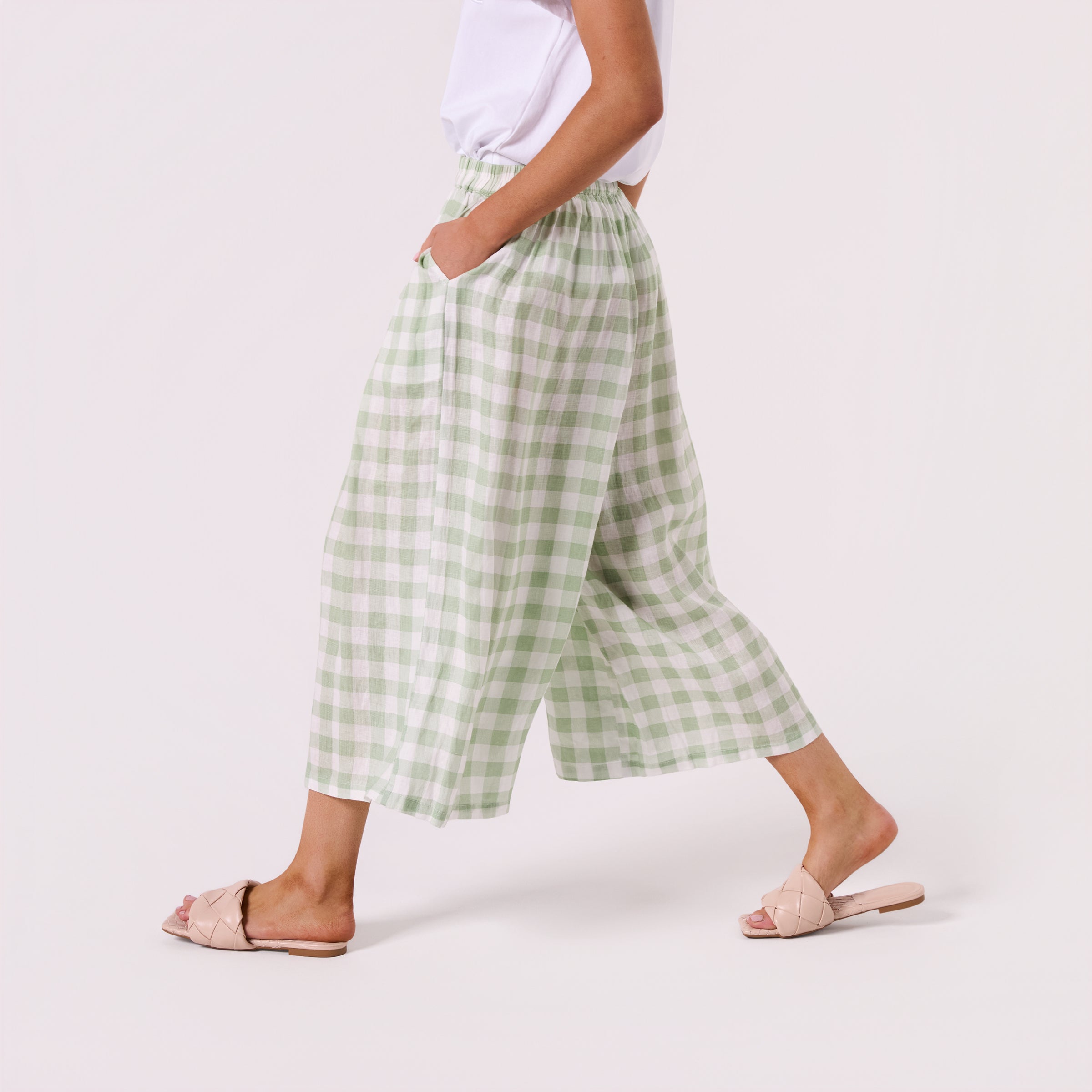AM026100 GINGHAM 100%LINEN PANT