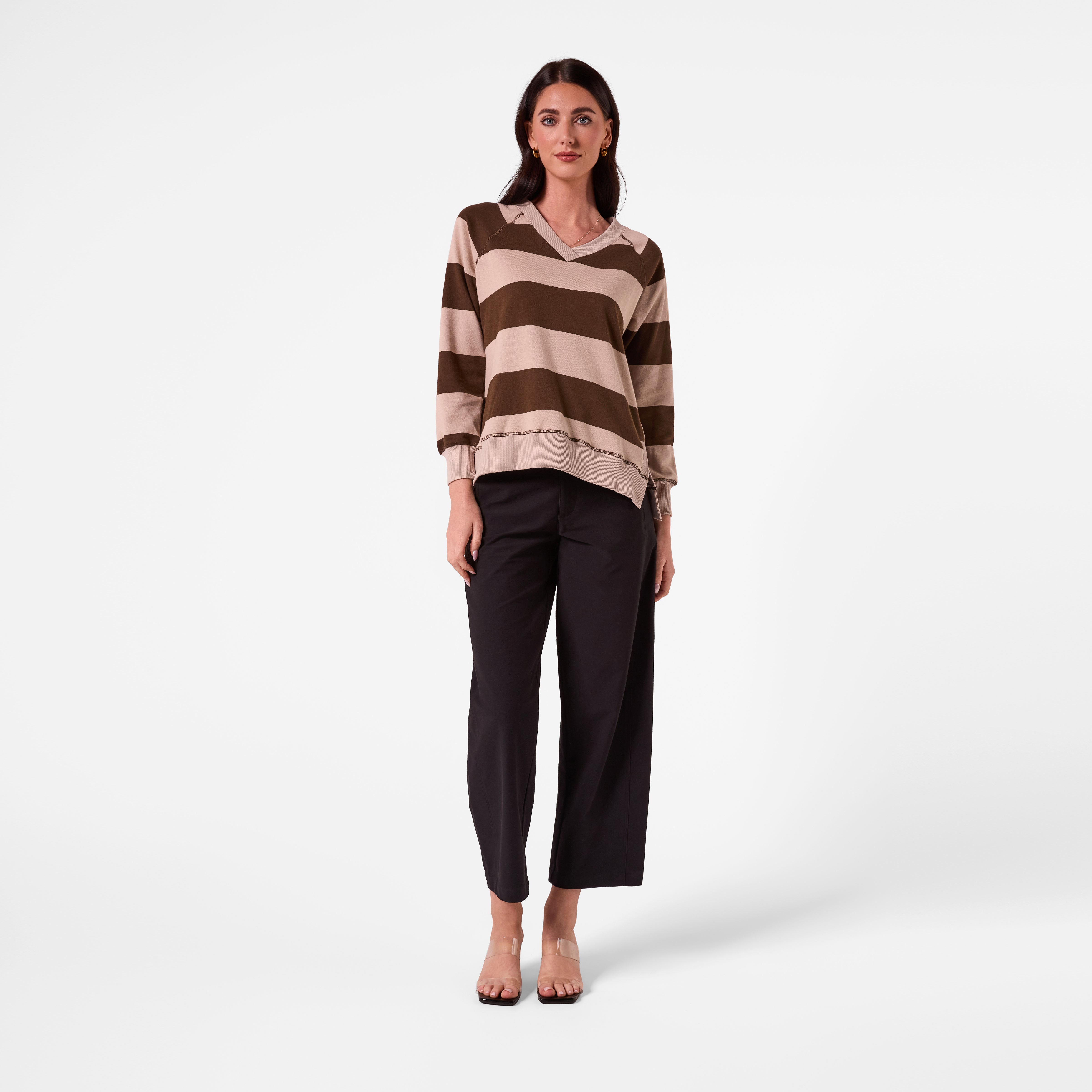 AM26018 V NECK STRIPE SWEATSHIRT (KHAKI CHOC STRIPE) -PRE-ORDER