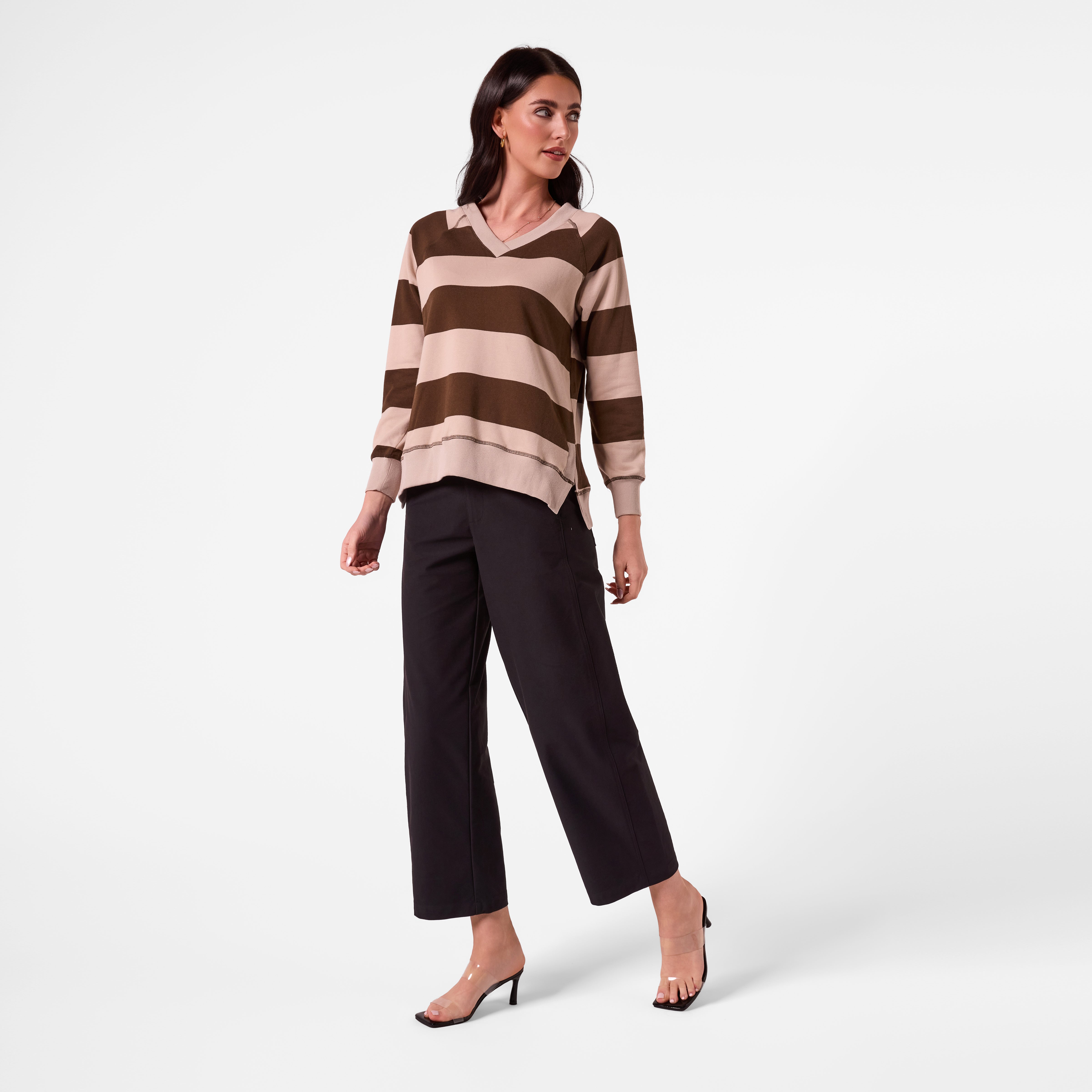AM26018 V NECK STRIPE SWEATSHIRT (KHAKI CHOC STRIPE) -PRE-ORDER