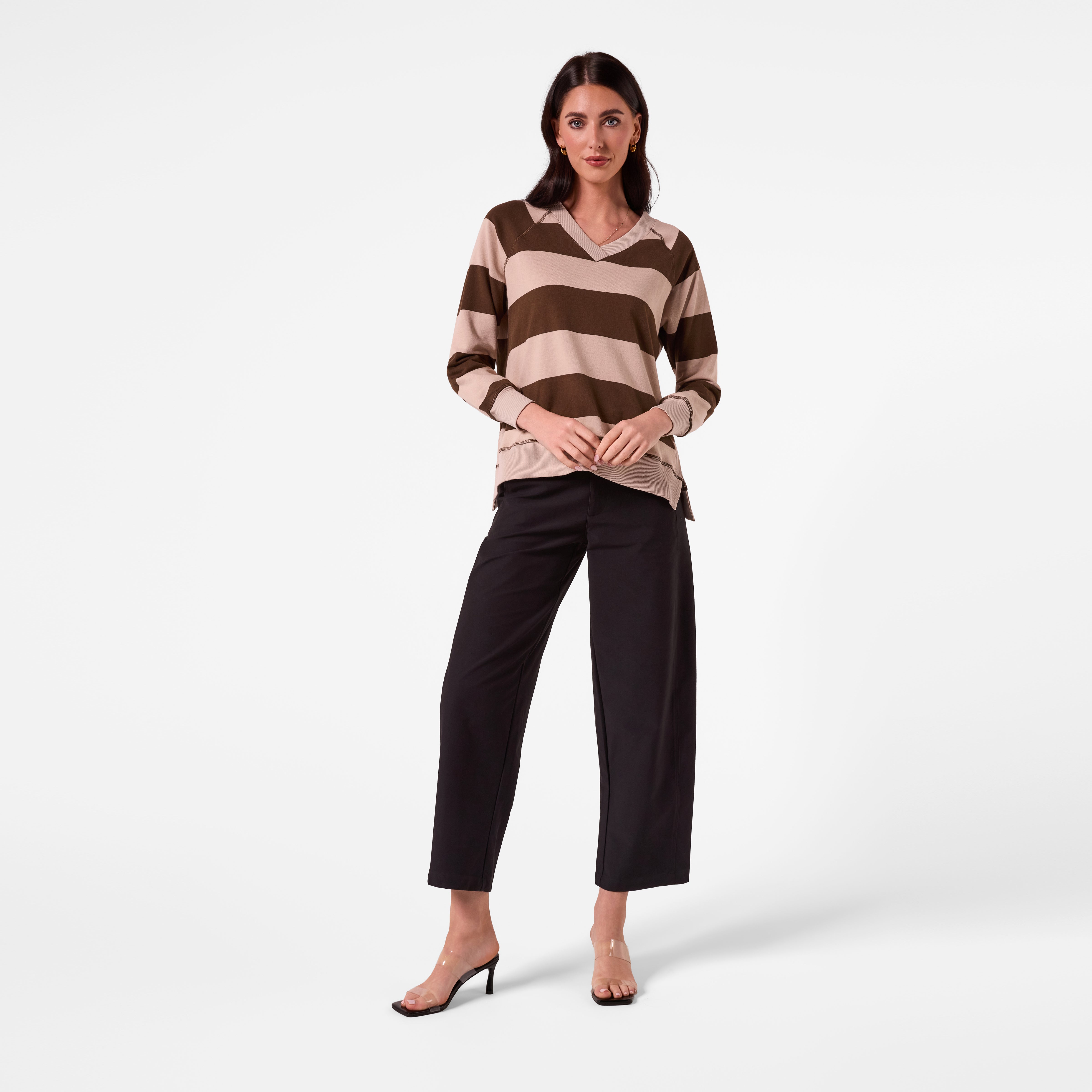 AM26018 V NECK STRIPE SWEATSHIRT (KHAKI CHOC STRIPE) -PRE-ORDER