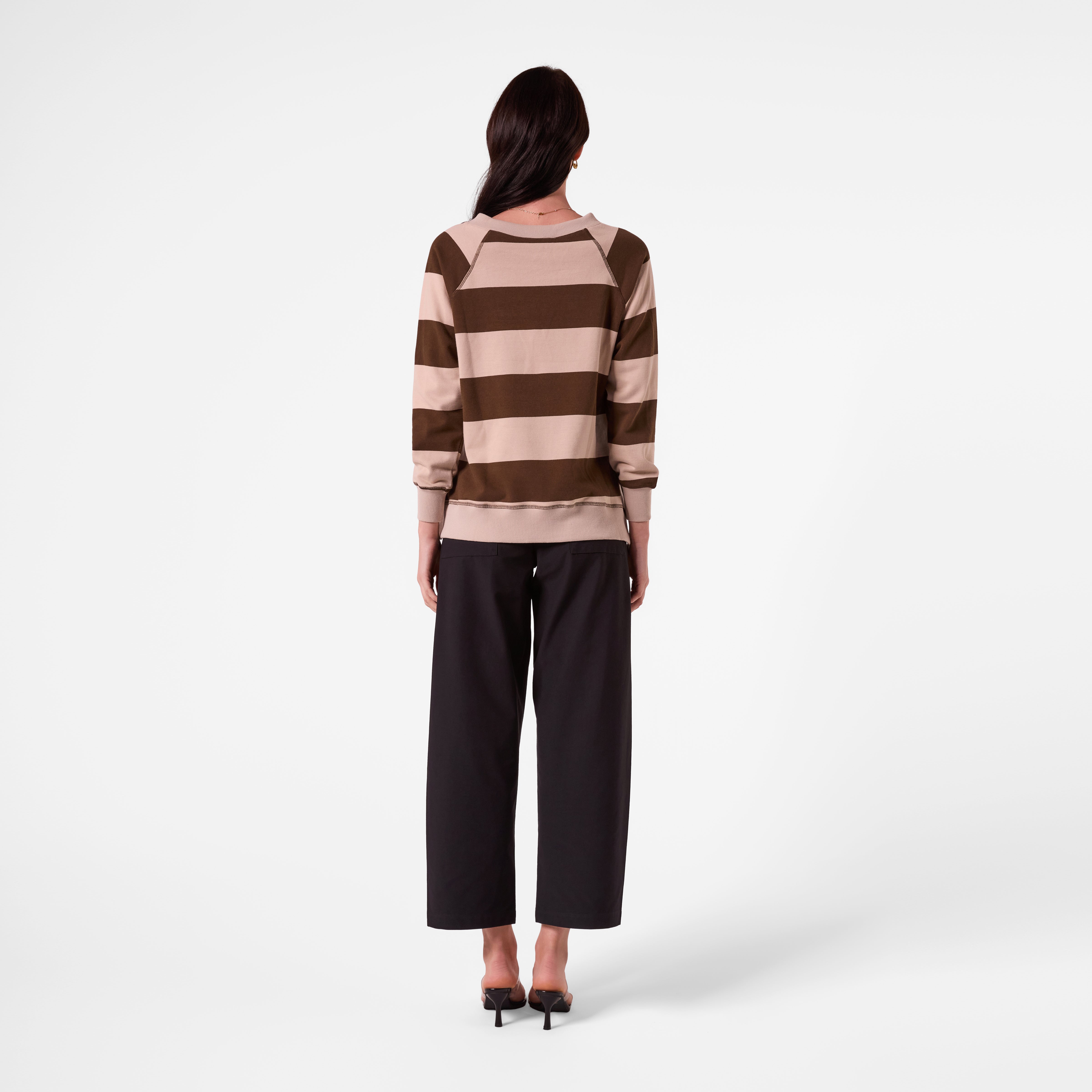AM26018 V NECK STRIPE SWEATSHIRT (KHAKI CHOC STRIPE) -PRE-ORDER