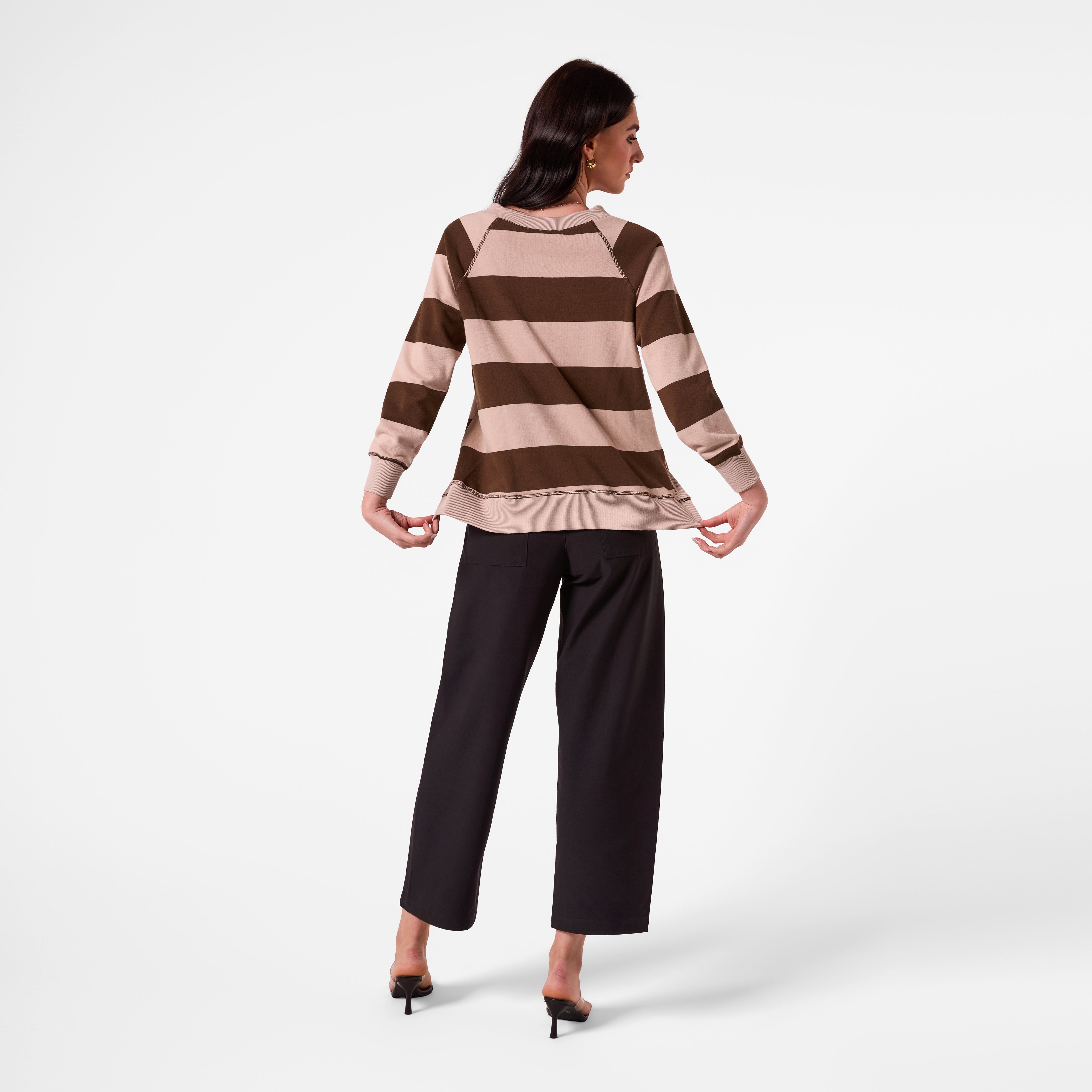 AM26018 V NECK STRIPE SWEATSHIRT (KHAKI CHOC STRIPE) -PRE-ORDER