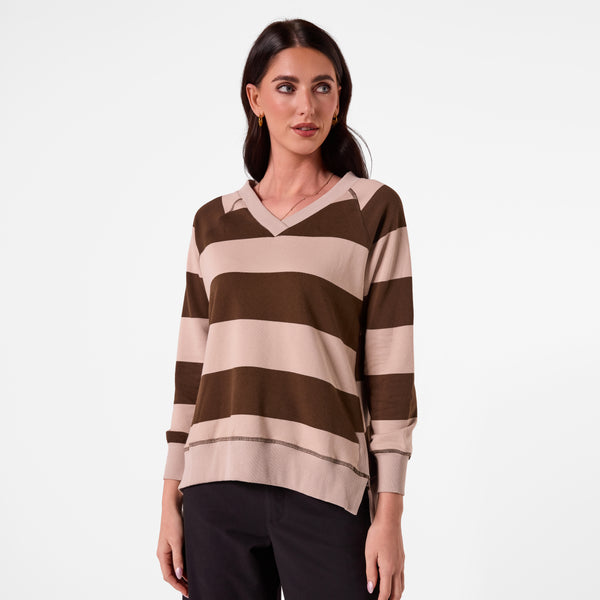 AM26018 V NECK STRIPE SWEATSHIRT (KHAKI CHOC STRIPE)