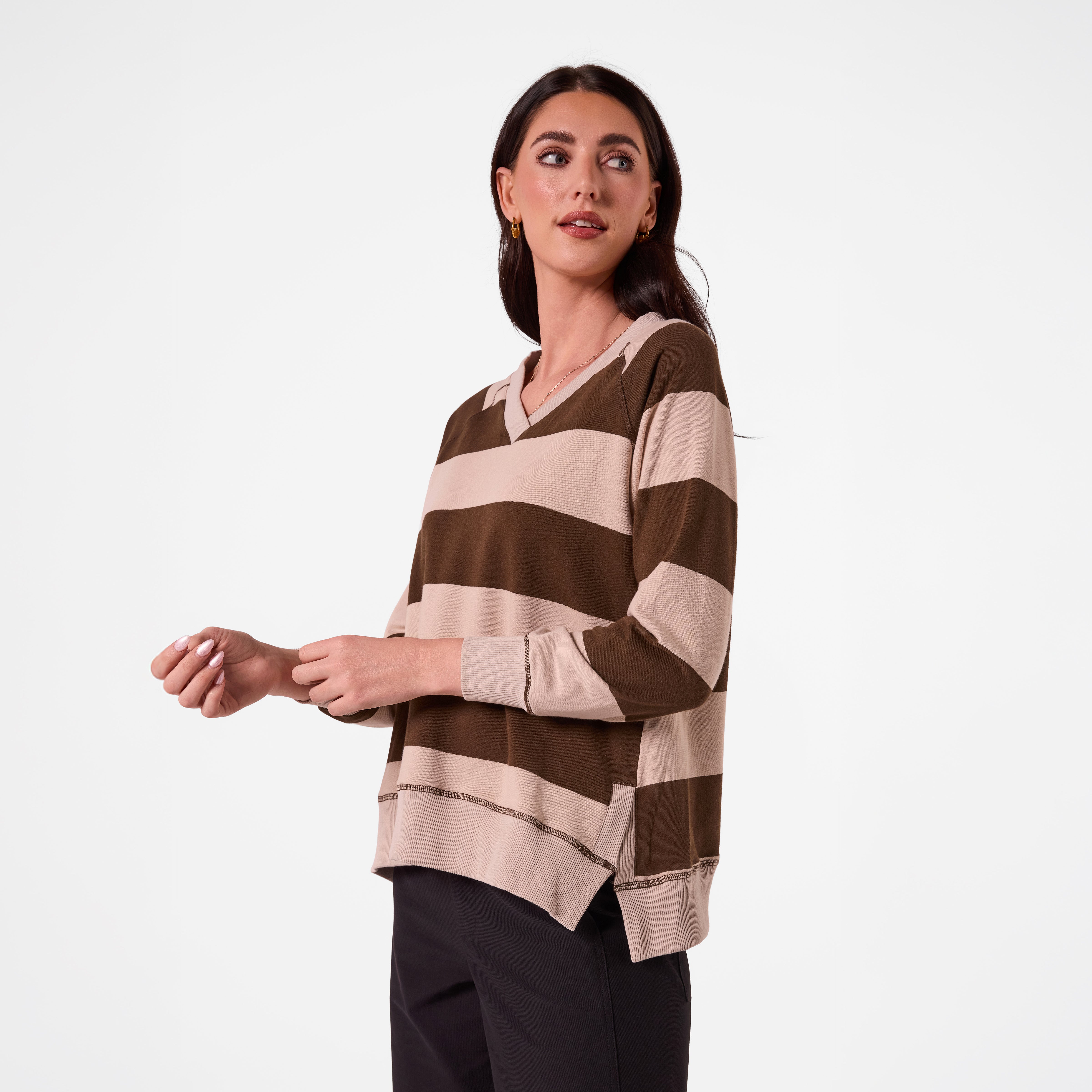 AM26018 V NECK STRIPE SWEATSHIRT (KHAKI CHOC STRIPE) -PRE-ORDER