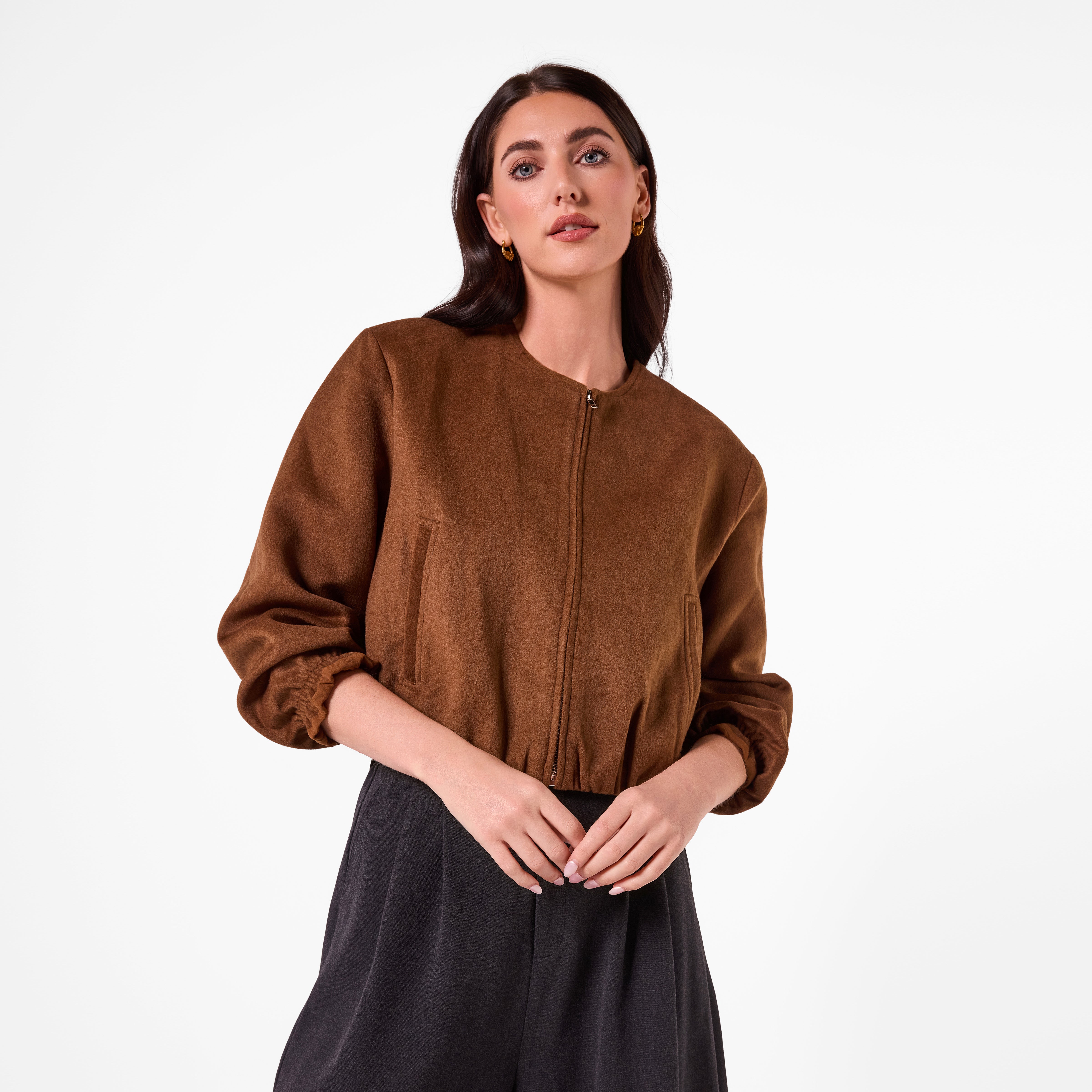 AM26038 WOOL FELT BOMBER JACKET  (TAN)