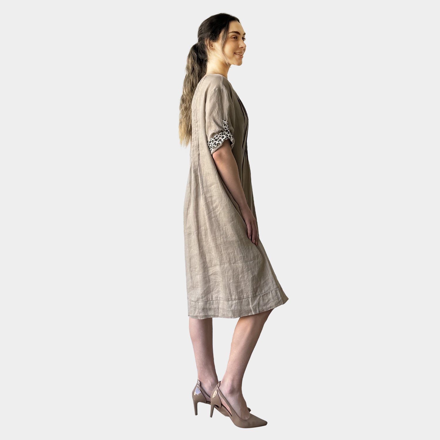 AM022166 SLEEVE LEOPARD TRIM 100%LINEN DRESS