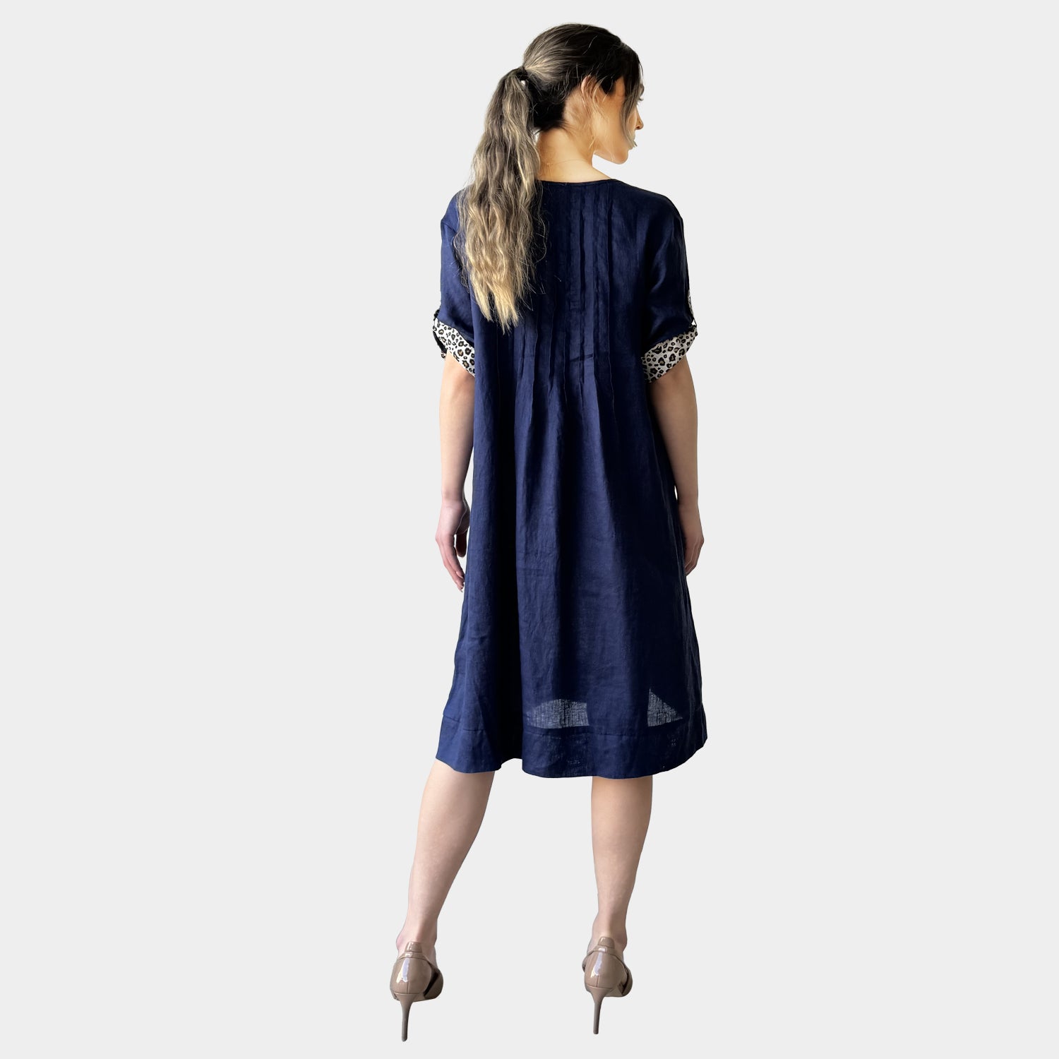 AM022166 SLEEVE LEOPARD TRIM 100%LINEN DRESS