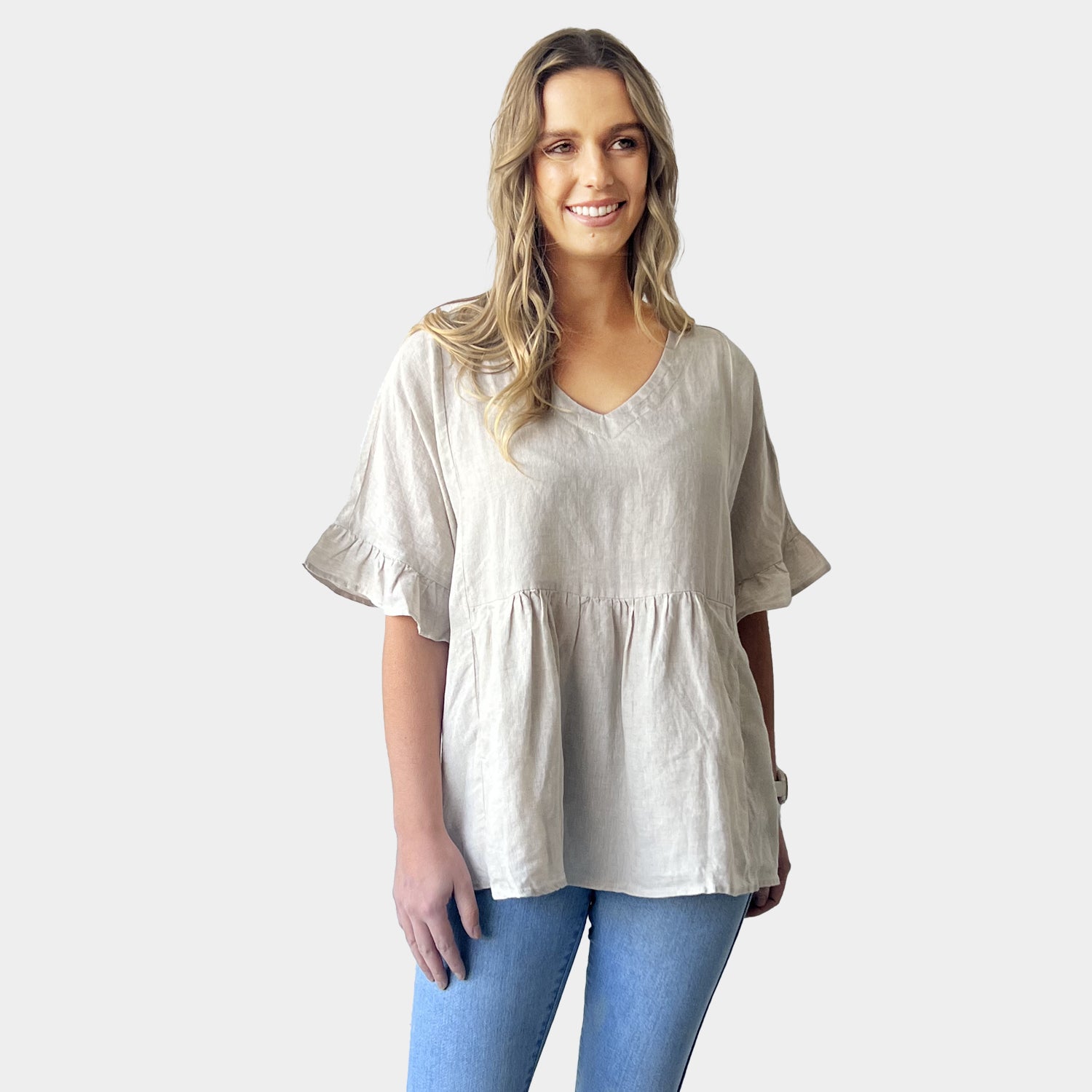 AM01191 V NECK SIDE POCKET 100%LINEN TOP