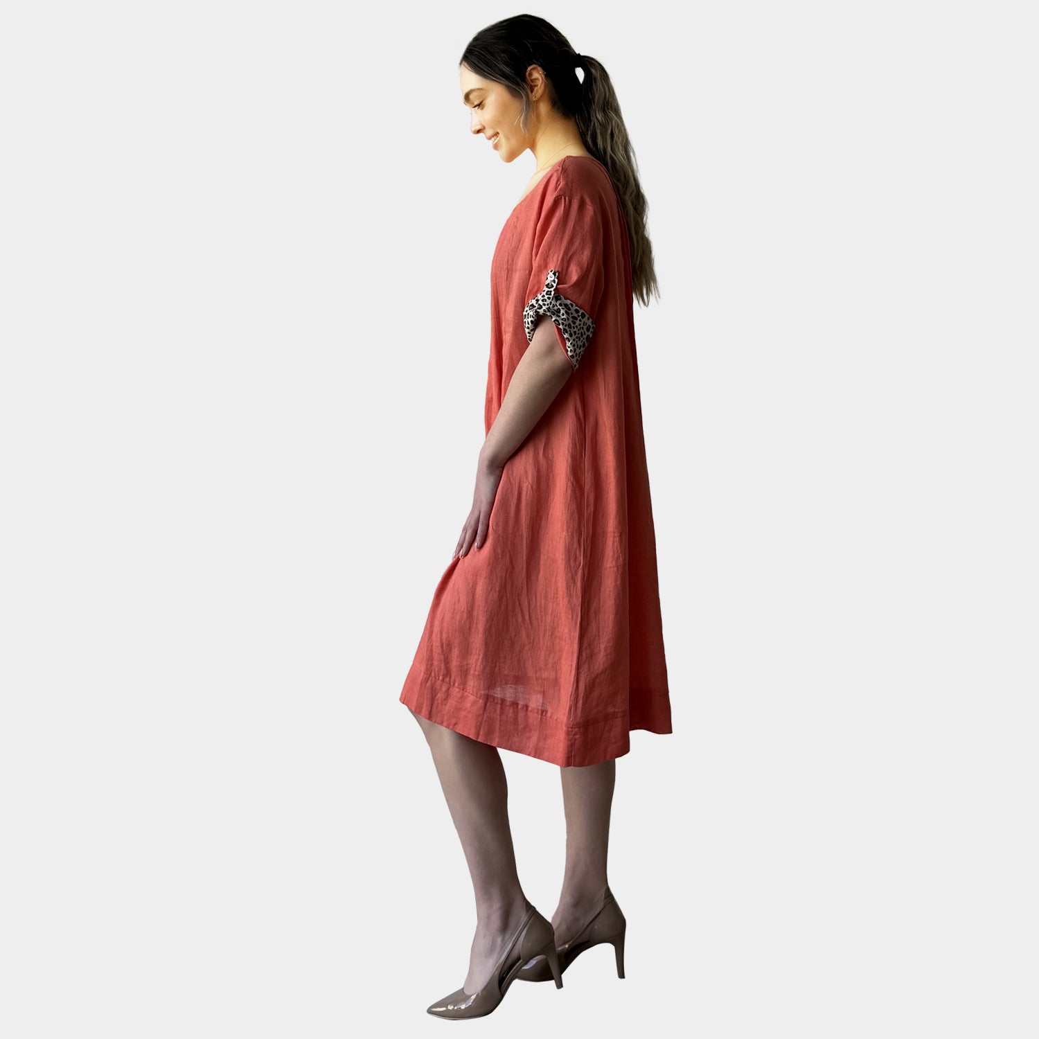 AM022166 SLEEVE LEOPARD TRIM 100%LINEN DRESS