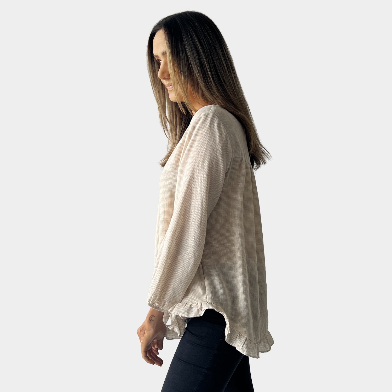 AM022156 SIDE POCKET GINGHAM 100%LINEN TOP