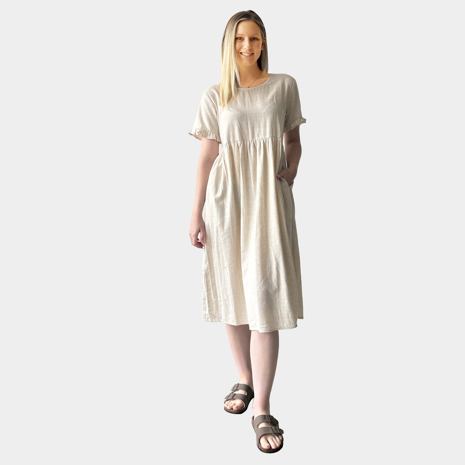 AM02374 LINEN COTTON SIDE POCKET DRESS