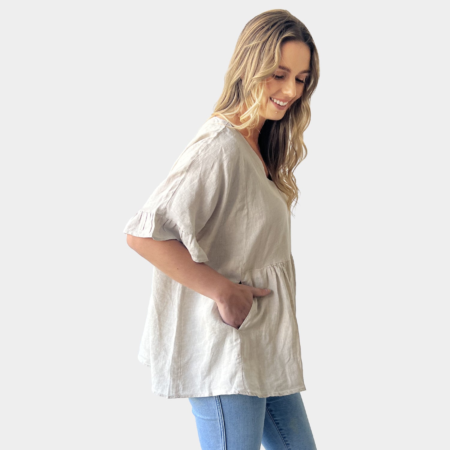 AM01191 V NECK SIDE POCKET 100%LINEN TOP