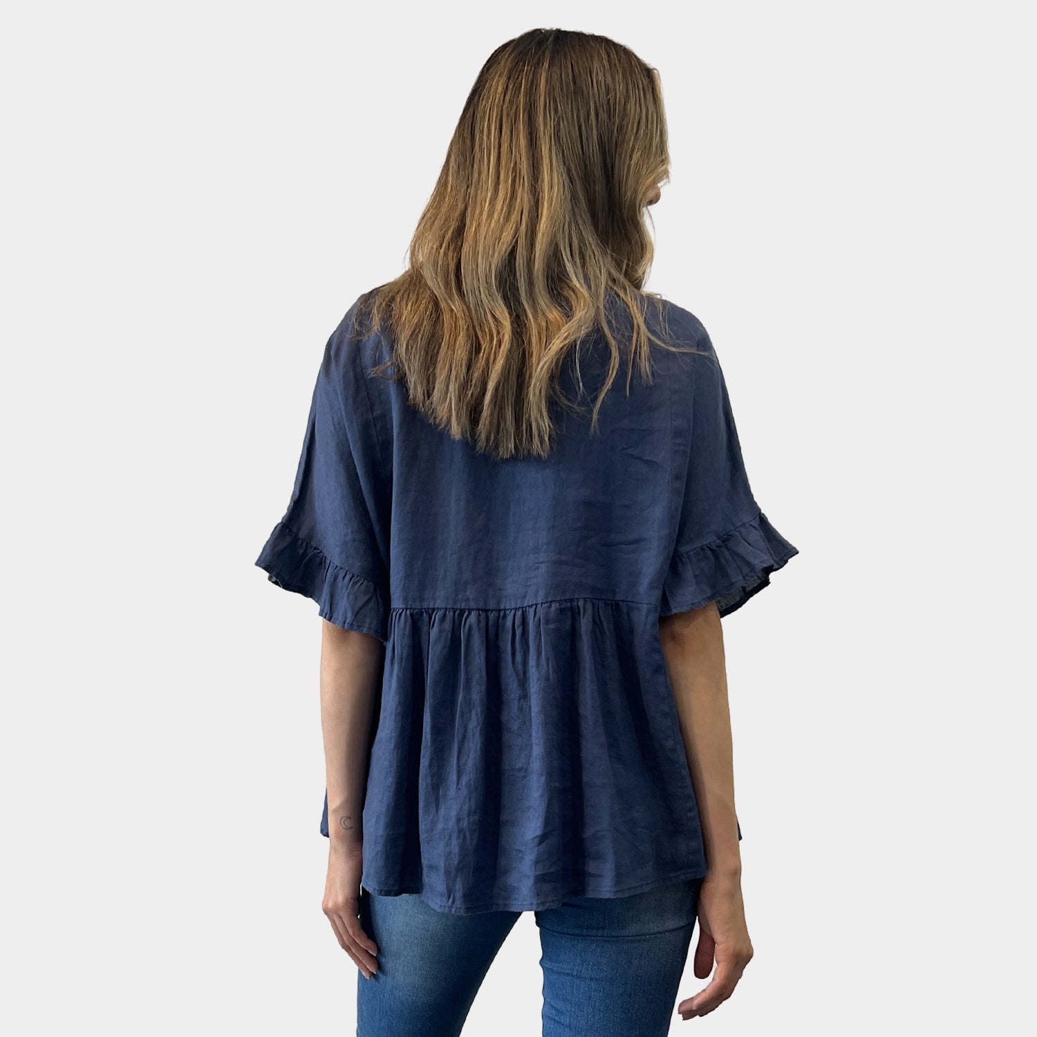 AM01191 V NECK SIDE POCKET 100%LINEN TOP