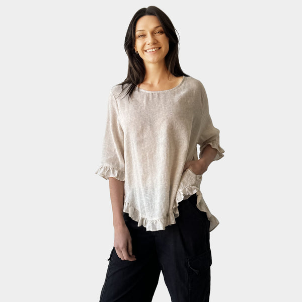 AM02496-1 GINGHAM SIDE POCKET 100%LINEN TOP