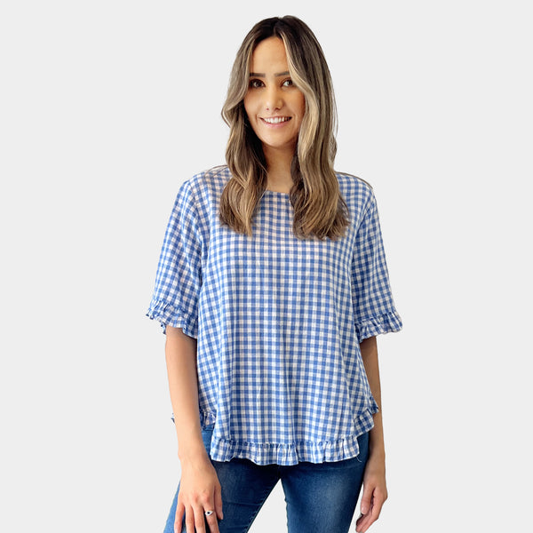 AM02497 GINGHAM LINEN COTTON TOP