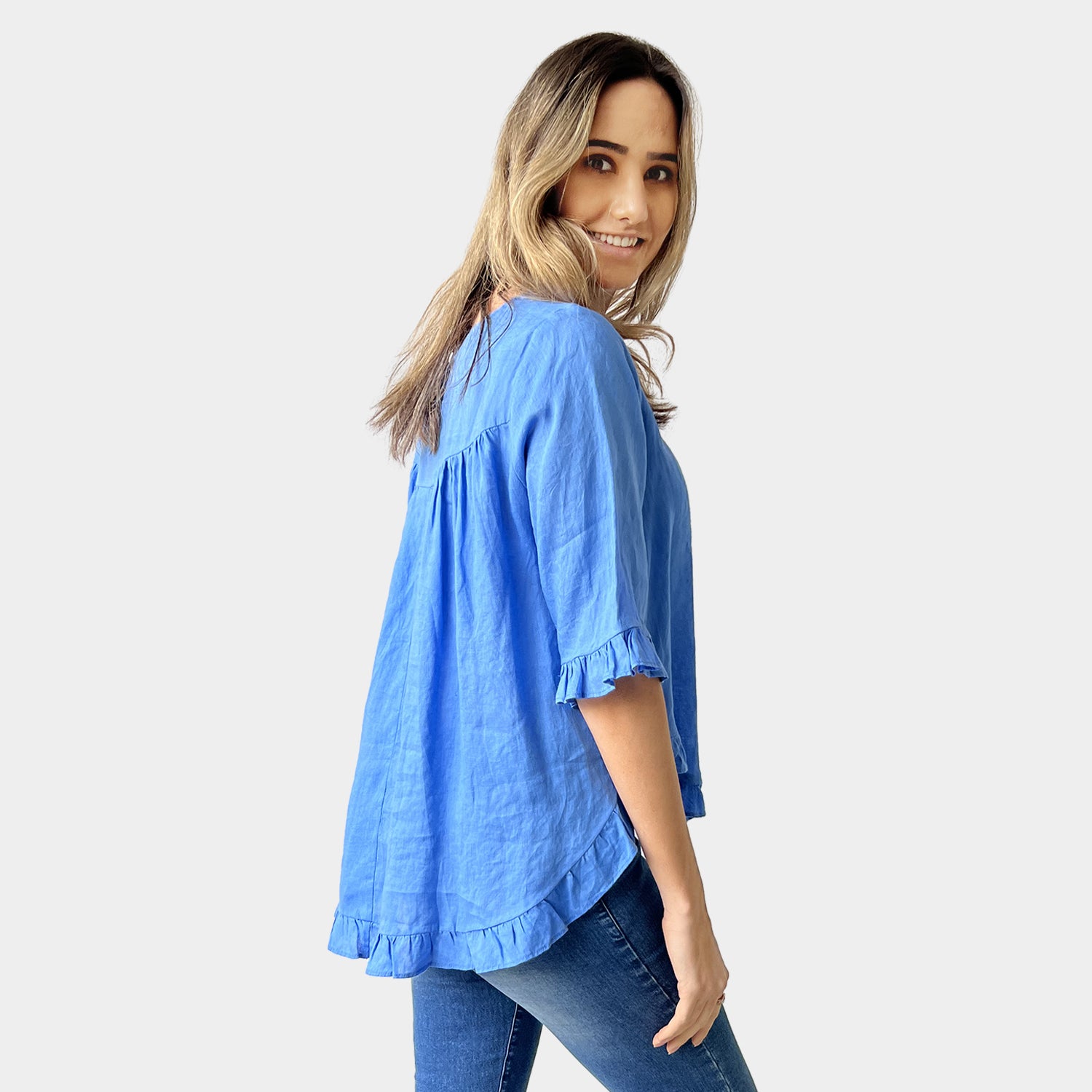 AM02496 100%LINEN SIDE POCKET TOP