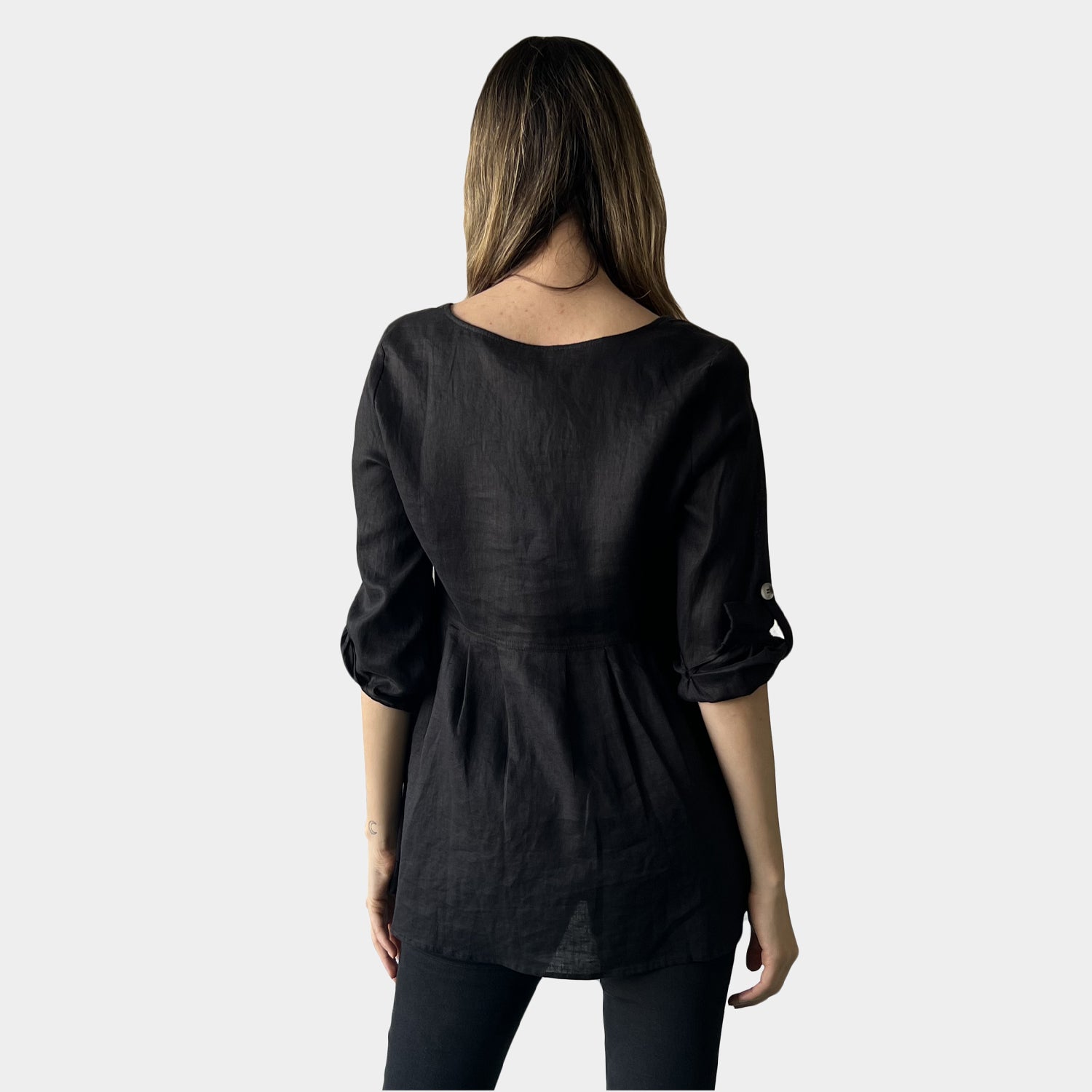AM02391 ROLL SLEEVES 100%LINEN TOP