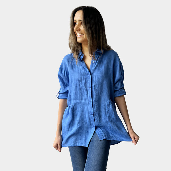 AM02496 100%LINEN SIDE POCKET TOP