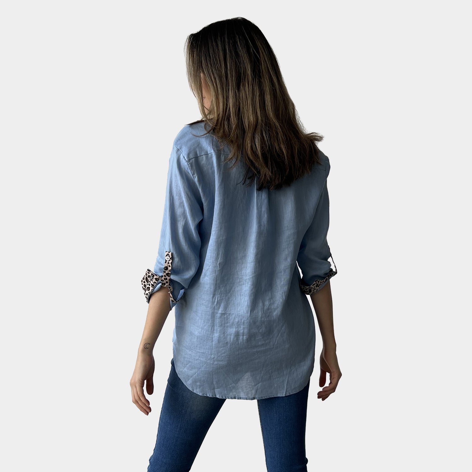 AM02468 LEOPARD TRIM 100%LINEN SHIRT